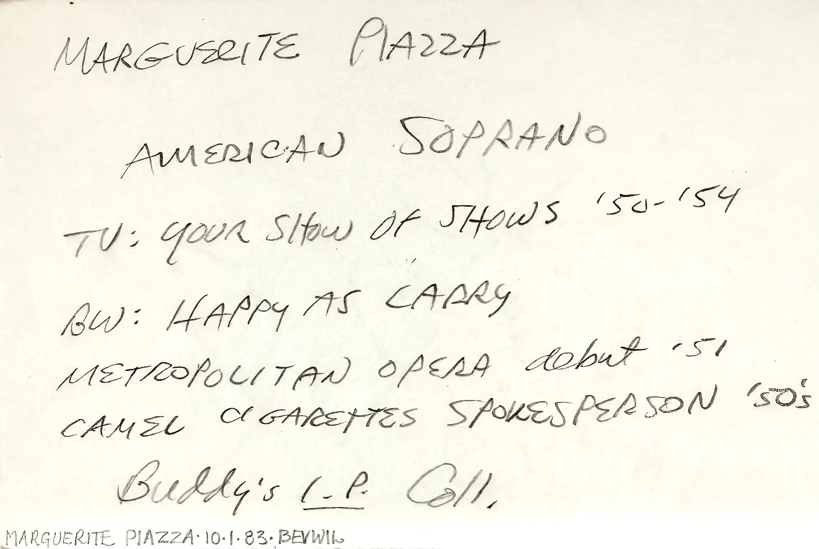 MARGUERITE PIAZZA Signed Autographed 4"x 6" INDEX CARD American Soprano OPERA, изображение 3