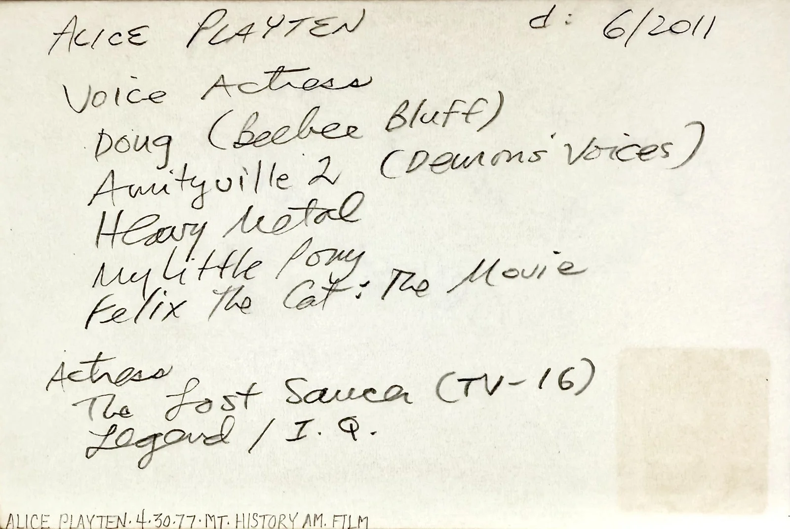Alice Playten — ALICE PLAYTEN Signed Autographed 4"x 6" INDEX CARD The Lost Saucer Disney's Doug, изображение 3