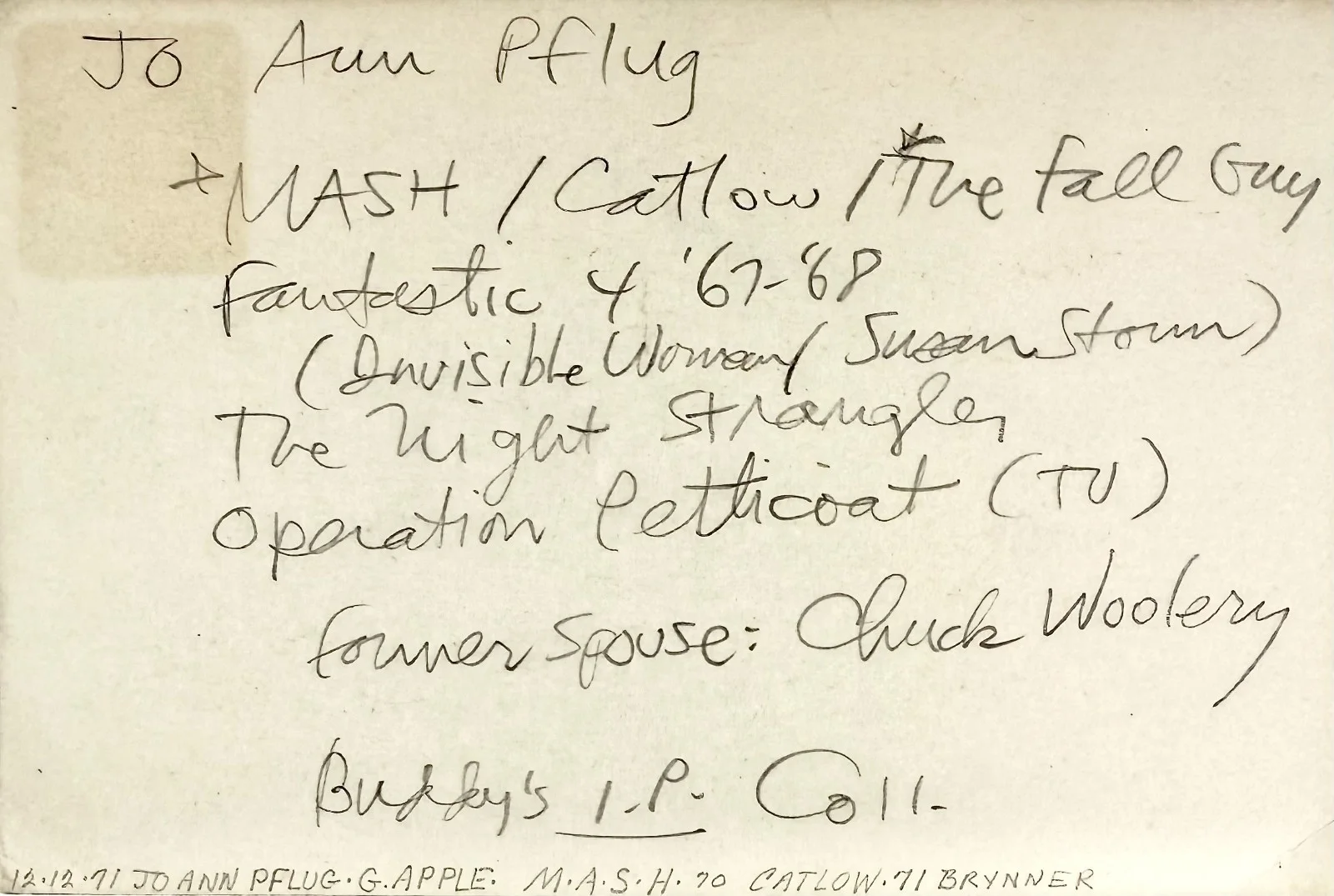 Jo Ann Pflug — JO ANN PFLUG Signed Autographed 4" x 6" INDEX CARD RITUALS The Fall Guy M*A*S*H, изображение 3