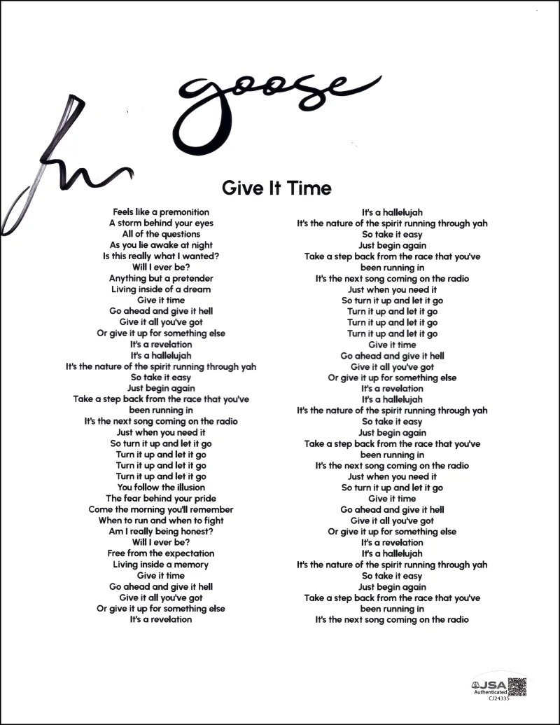 Rick Mitarotonda — Rick Mitarotonda Goose Signed Autograph Give It Time Lyric Sheet w/ JSA COA