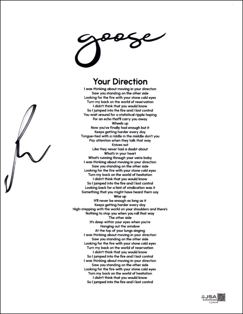 Rick Mitarotonda — Rick Mitarotonda Goose Signed Autograph Your Direction Lyric Sheet w/ JSA COA