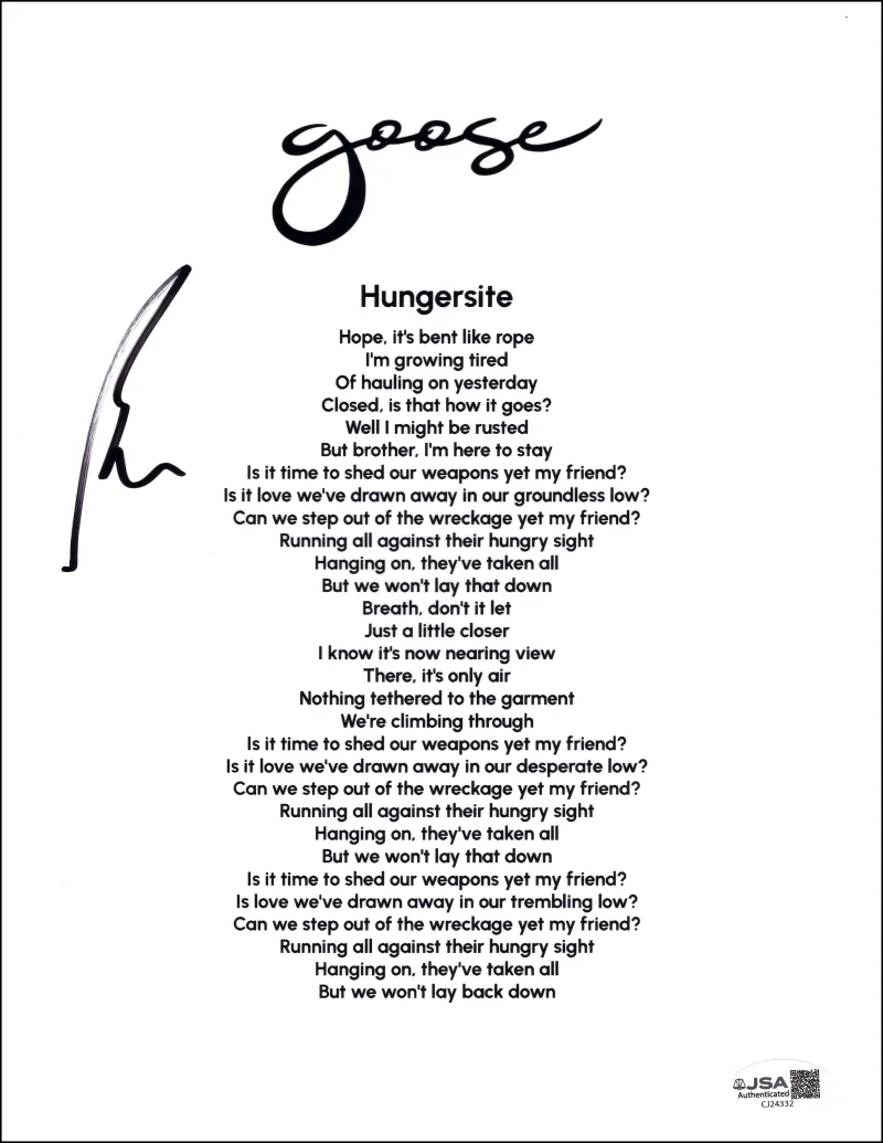 Rick Mitarotonda — Rick Mitarotonda Goose Signed Autograph Hungersite Lyric Sheet w/ JSA COA