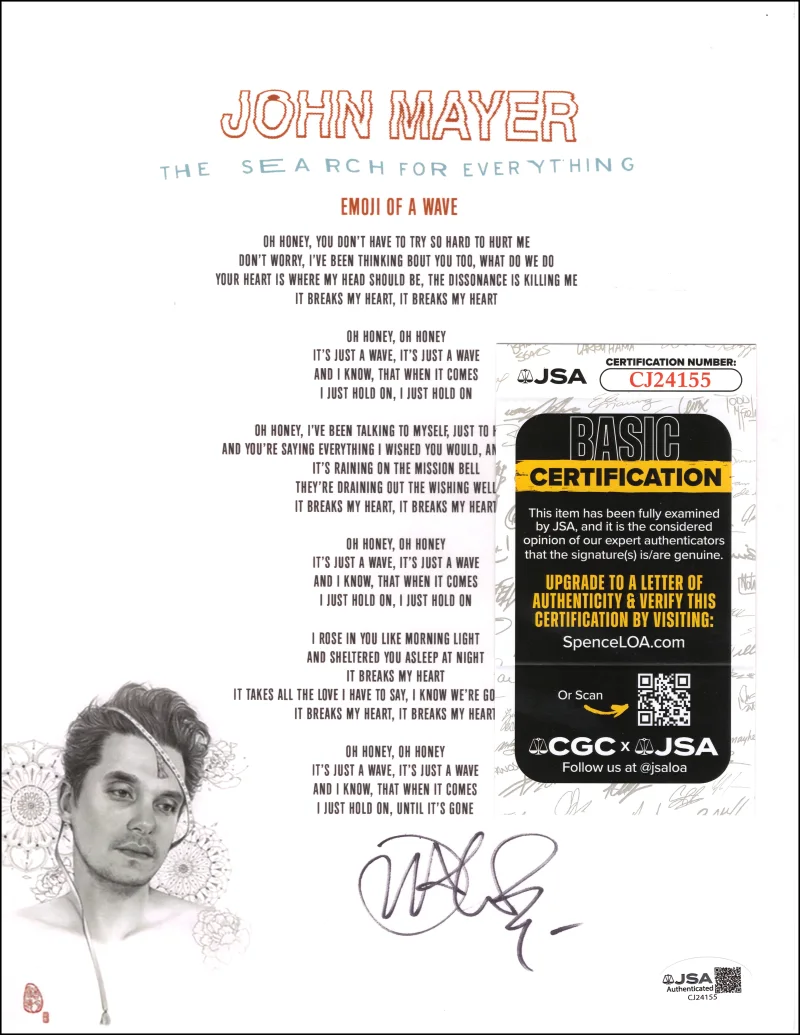 John Mayer — John Mayer Signed Autograph Emoji of a Wave Lyric Sheet Music w/ JSA COA, изображение 2