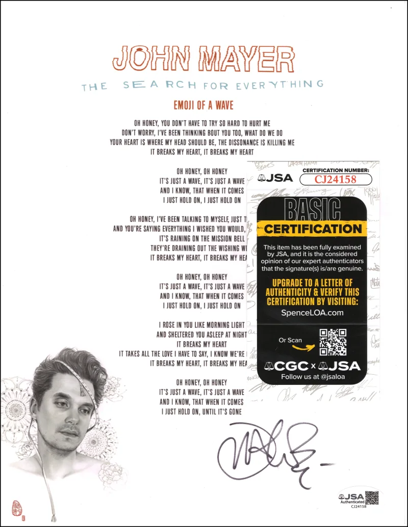 John Mayer — John Mayer Signed Autograph Emoji of a Wave Sheet - Search for Everything w/ JSA, изображение 2