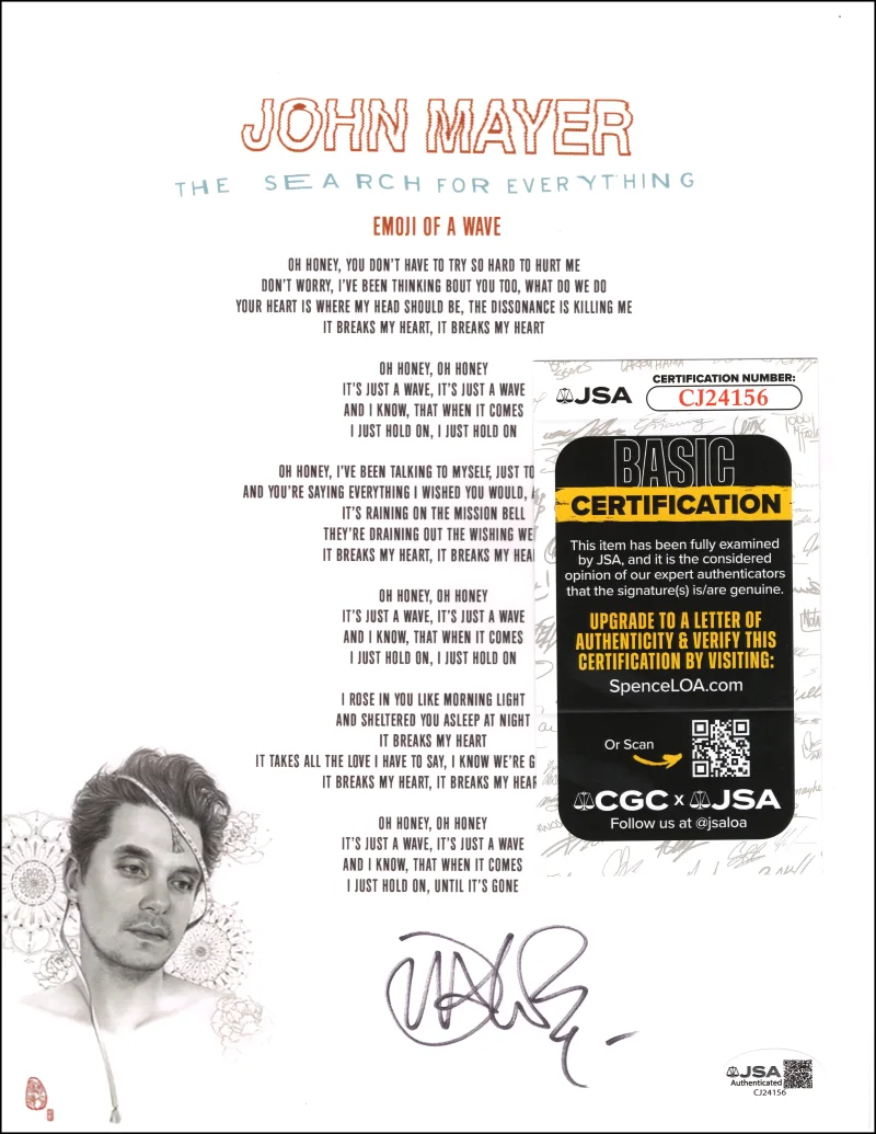 John Mayer — John Mayer Signed Autograph Emoji of a Wave Lyric Sheet Music - JSA COA, image 2
