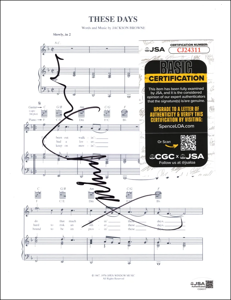 Jackson Browne — Jackson Browne Signed Autograph These Days Sheet Music - For Everyman w/ JSA COA, image 2