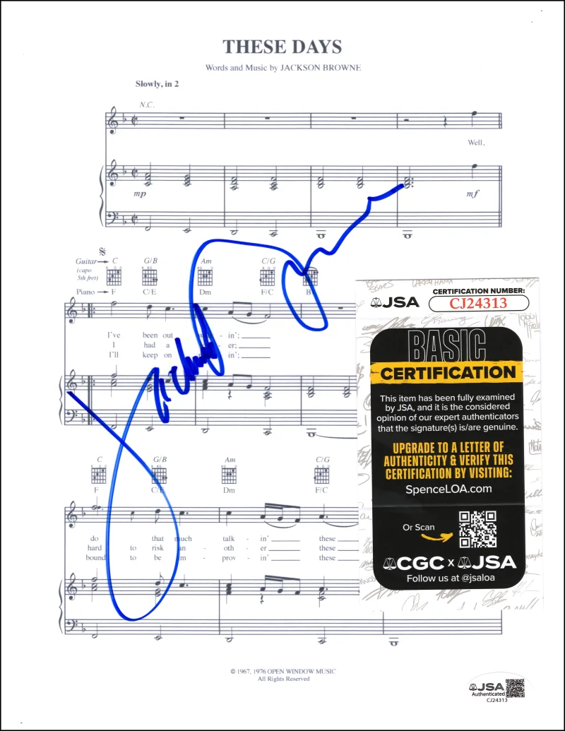 Jackson Browne — Jackson Browne Signed Autograph These Days Sheet Music For Everyman w/ JSA COA, image 2