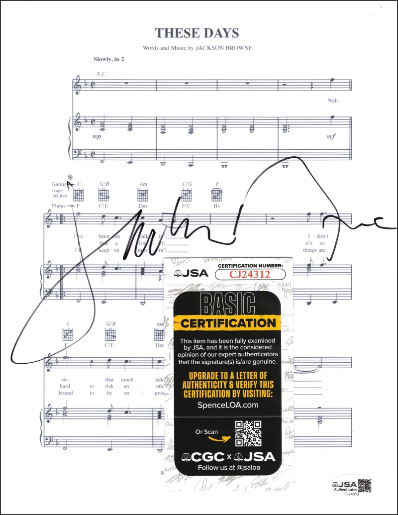 Jackson Browne — Jackson Browne Signed Autograph These Days Sheet Music - For Everyman JSA COA, image 2