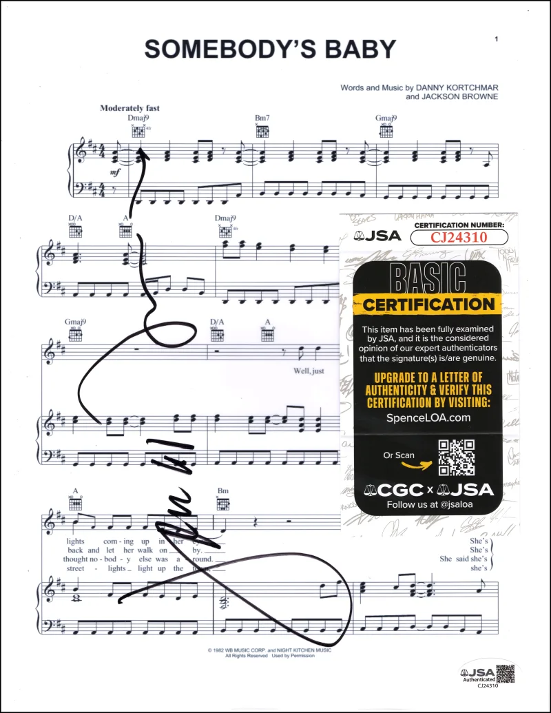 Jackson Browne — Jackson Browne Signed Autograph Somebody's Baby Sheet Music w/ JSA COA, изображение 2