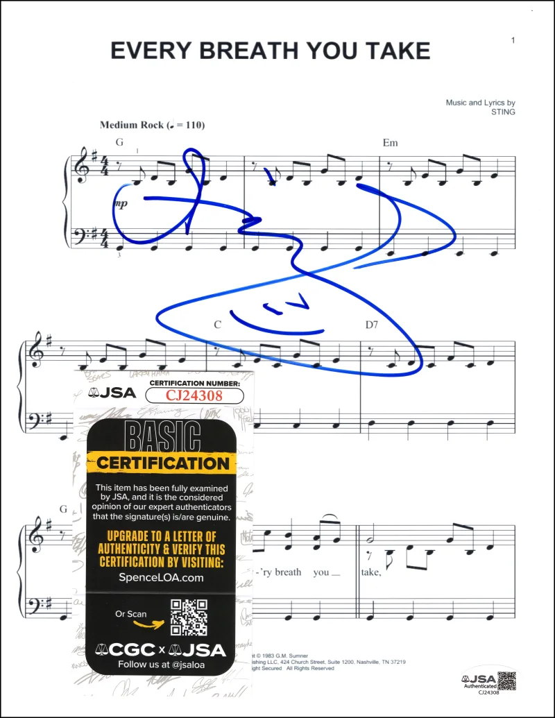Sting — Sting The Police Signed Autograph Every Breath You Take Sheet Music w/ JSA COA, изображение 2