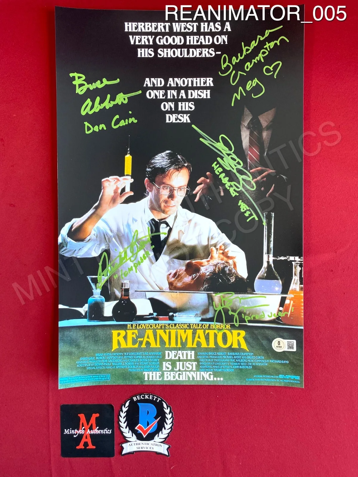 Bruce Abbott, Barbara Crampton, Jeffrey Combs, Brian Yuzna, Band — Re-Animator cast signed 11x17 photo Beckett Barbara Crampton Combs Abbott
