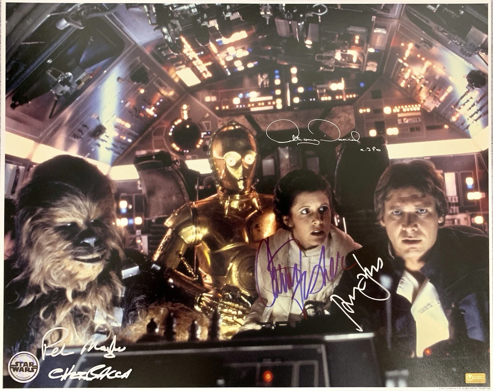 Anthony Daniels, Carrie Fisher, Harrison Ford, Peter Mayhew — Star Wars Signed Daniels, Fisher, Ford, Mayhew 16x20 OPX Photo - JSA LOA ZZ35590
