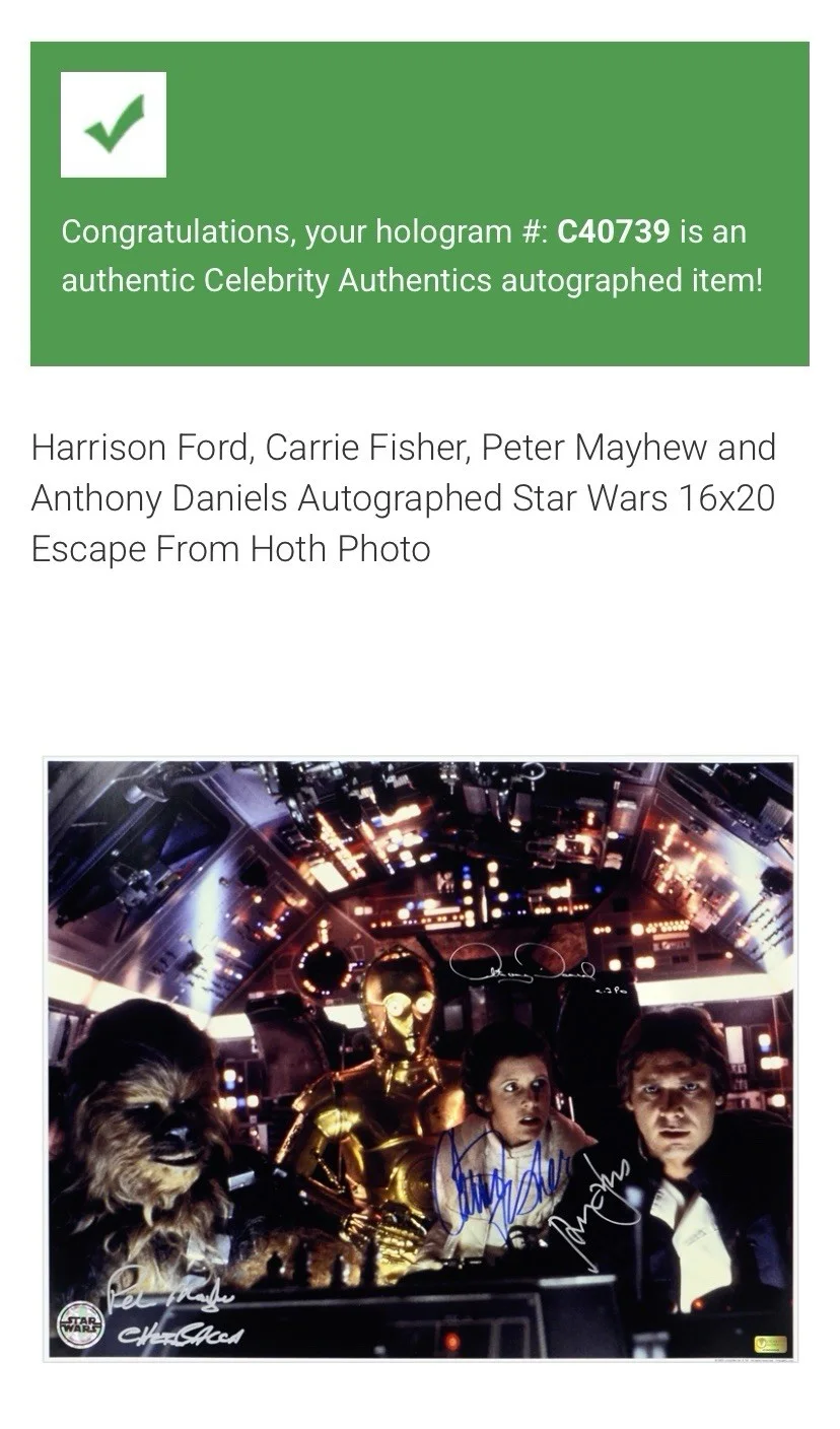 Anthony Daniels, Carrie Fisher, Harrison Ford, Peter Mayhew — Star Wars Signed Daniels, Fisher, Ford, Mayhew 16x20 OPX Photo - JSA LOA ZZ35590, изображение 3