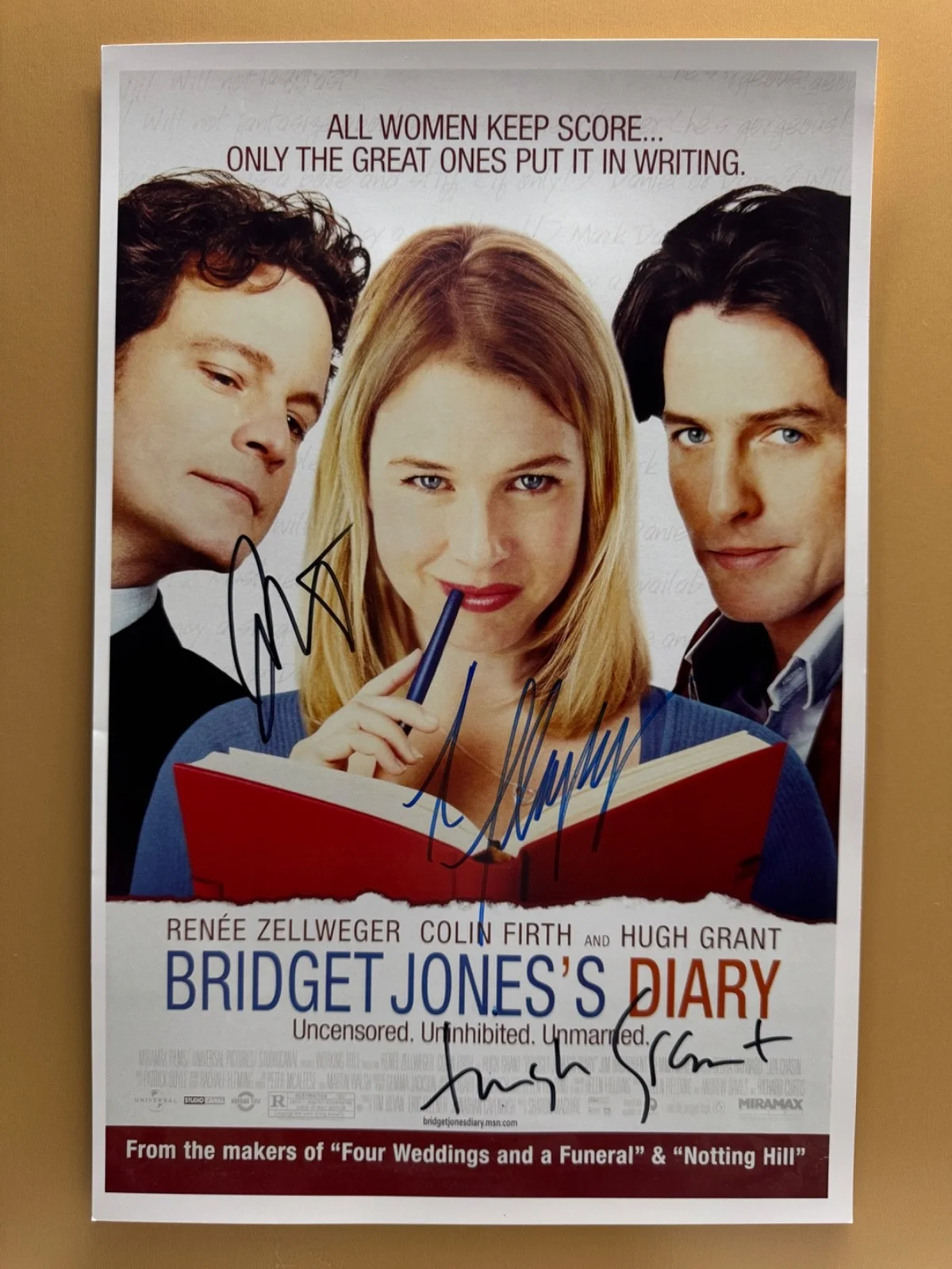 Renée Zellweger, Colin Firth, Hugh Grant — SIGNED BRIDGET JONES DIARY 11x17 Movie Poster COA by 3 of the actors