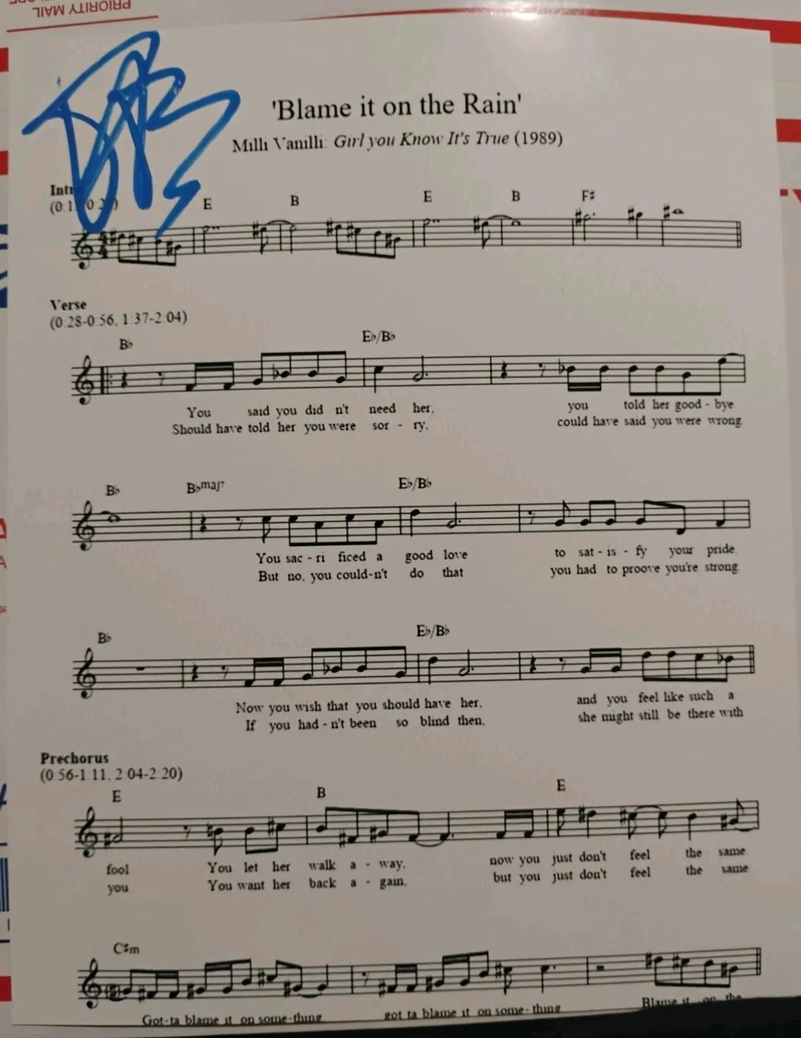 fab morvan milli vanilli — FAB MILLI VANILLI SIGNED BLAME IT ON THE RAIN SHEET MUSIC 8X10 PHOTO PROOF RARE