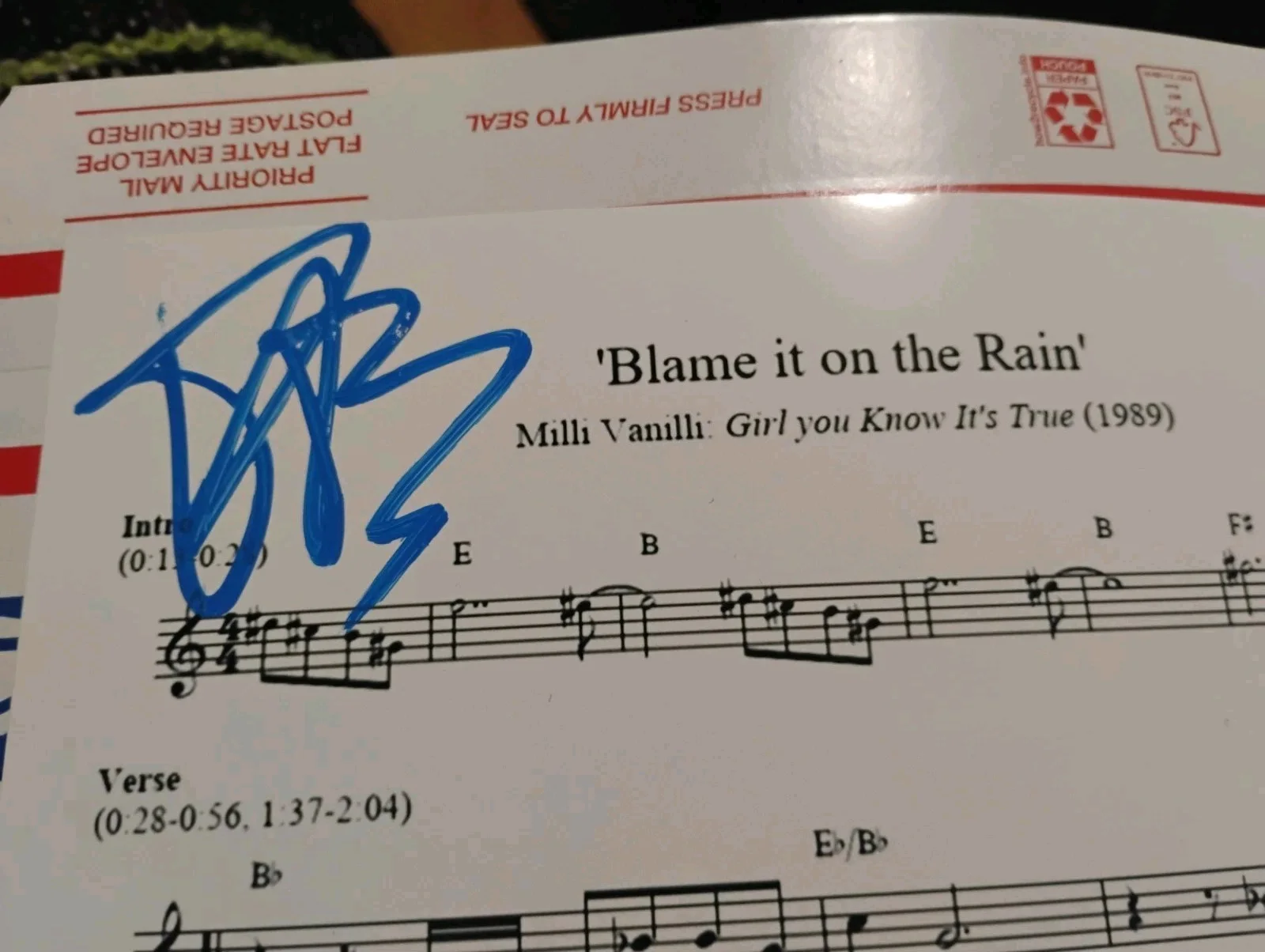 fab morvan milli vanilli — FAB MILLI VANILLI SIGNED BLAME IT ON THE RAIN SHEET MUSIC 8X10 PHOTO PROOF RARE, image 2
