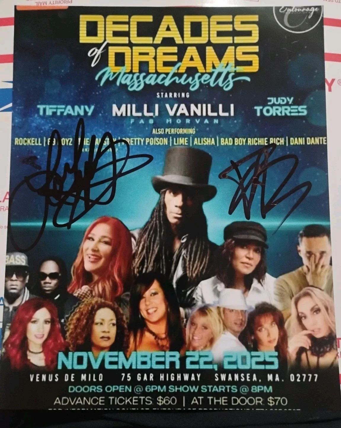 fab and Tiffany — FAB MILLI VANILLI TIFFANY I THINK WE'RE ALONE SIGNED 80'S EVENT 8X10 PHOTO PROOF