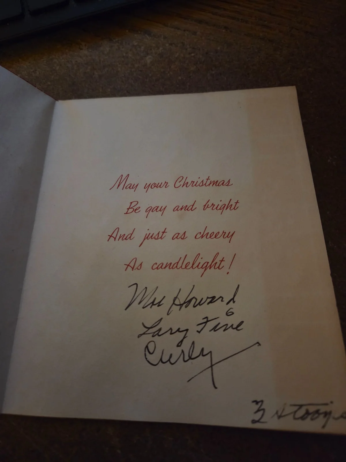 3 stooges — the 3 STOOGES signed CHRISTMAS card MOE HOWARD~LARRY FINE ~CURLY rare authentic, изображение 2