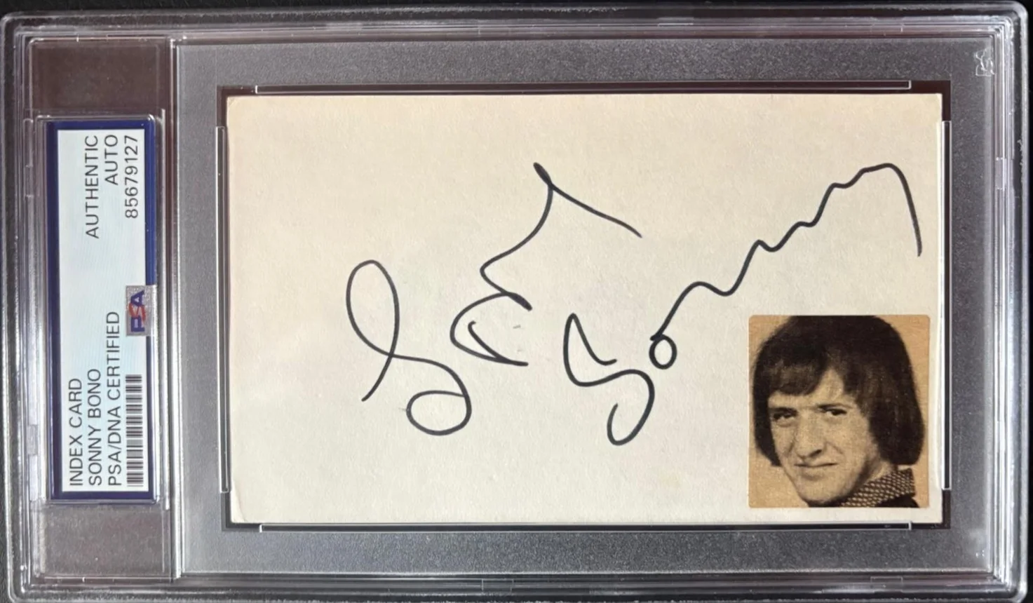 Sonny Bono — SONNY BONO SIGNED INDEX CARD PSA ENCAPSULATED CHER RARE VINTAGE