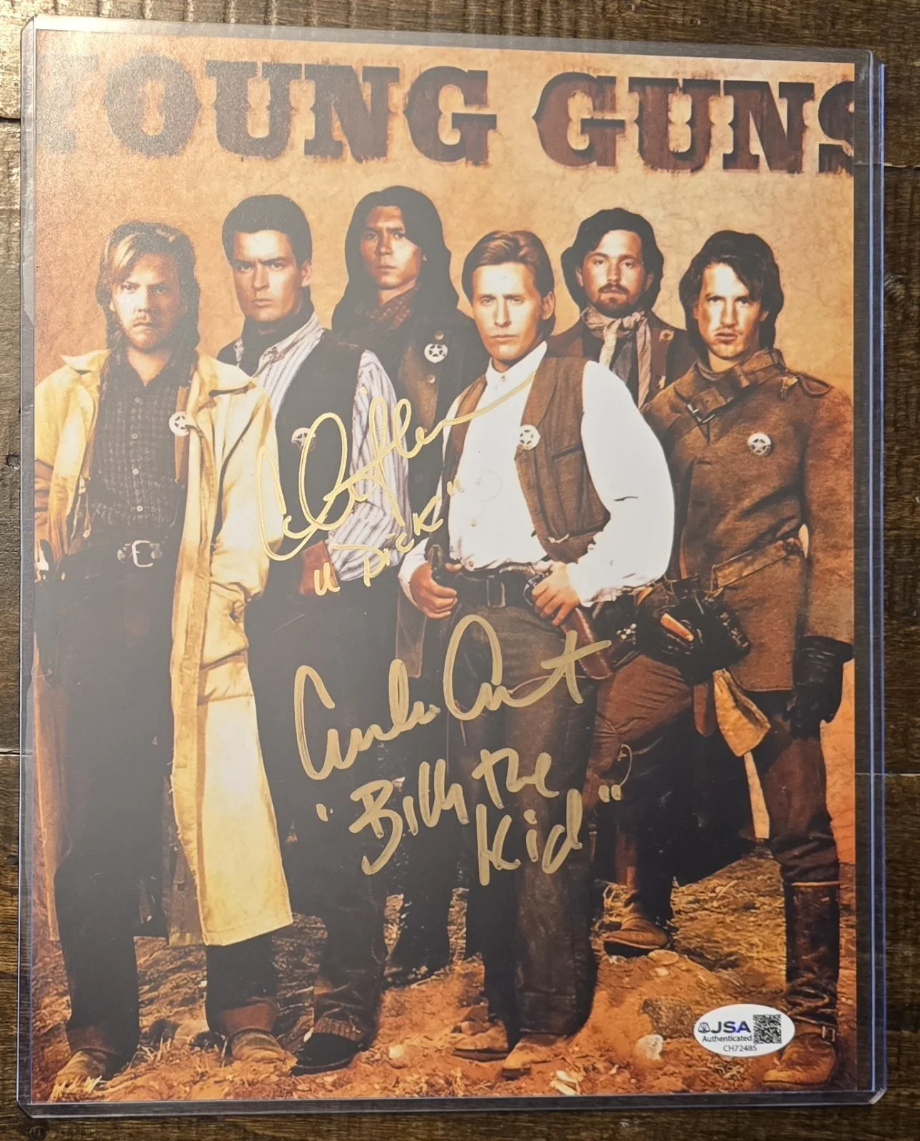 Charlie Sheen and Emilio Estevez — Young Guns 8x10 picture signed by Charlie Sheen with Dick inscription and Emilio
