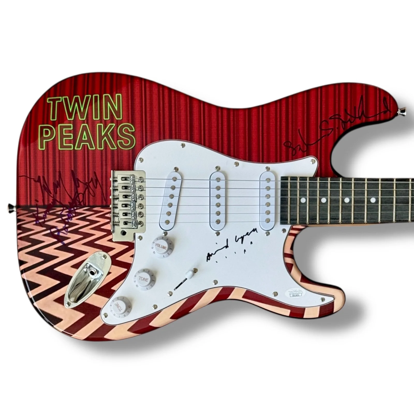 David Lynch, Kimmy Robertson, Harry Goaz, Sabrina S. Sutherland — Twin Peaks Signed Guitar Custom JSA COA David Lynch Kimmy Robertson Harry Goaz