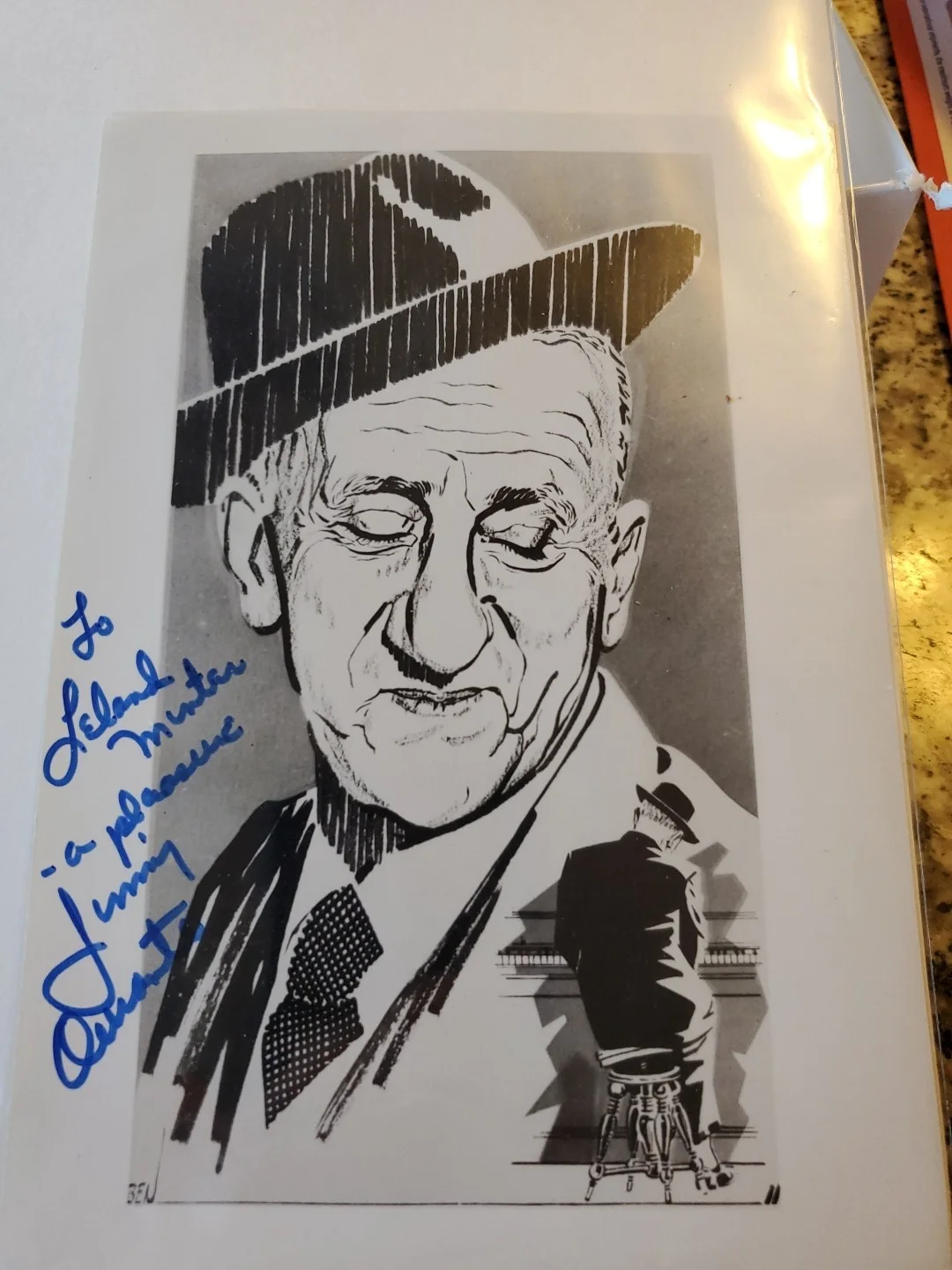 Jimmy Durante — 吉米·杜兰特 "Schnozzola" 喜剧演员签名 5 x 7 照片 'To Leland Minter'