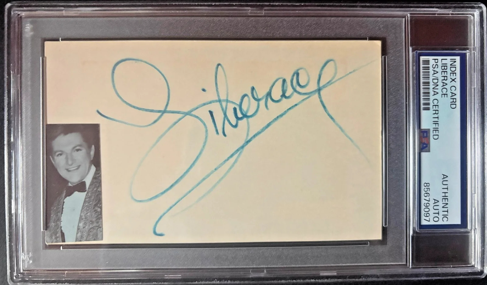 Liberace — LIBERACE SIGNED INDEX CARD PSA ENCAPSULATED LIBERACE'S GREATEST HITS SHOWMAN