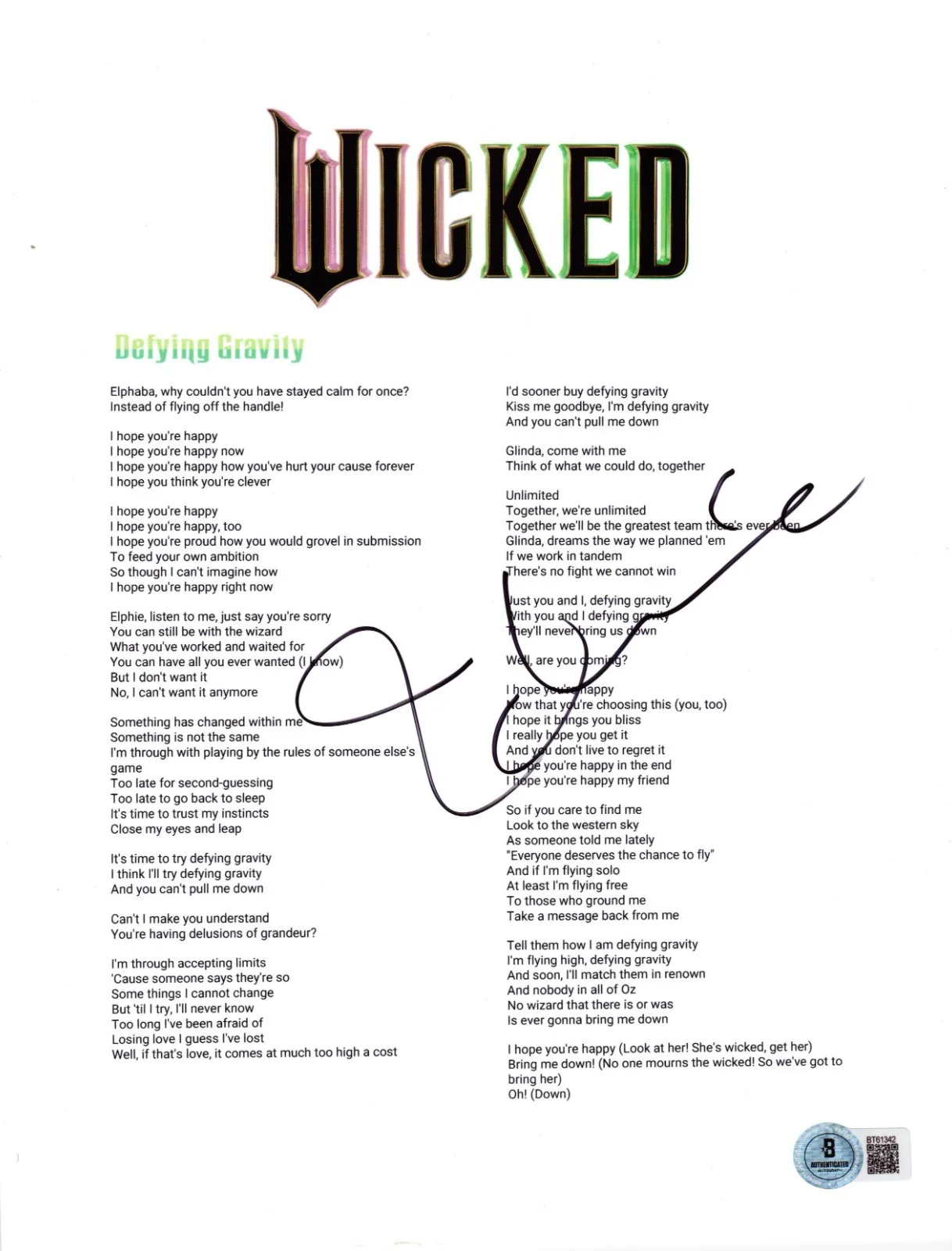 Idina Menzel — Idina Menzel Signed Wicked Defying Gravity Sheet Music Elphaba Autograph Beckett