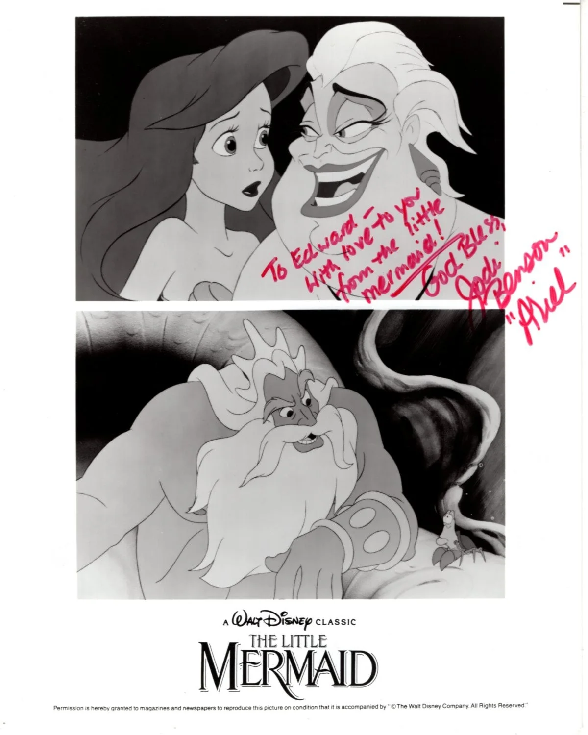 Jodi Benson — JODI BENSON Signed 8x10 DISNEY THE LITTLE MERMAID Press Photo - To Edward