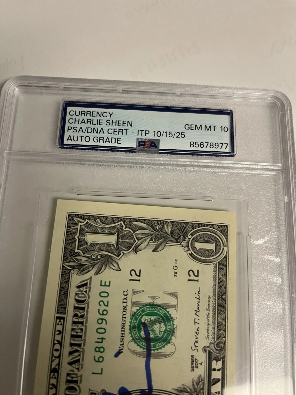 Autographed Charlie Sheen Dollar Bill PSA 10 Signed Witnessed Auto Currency, image 3