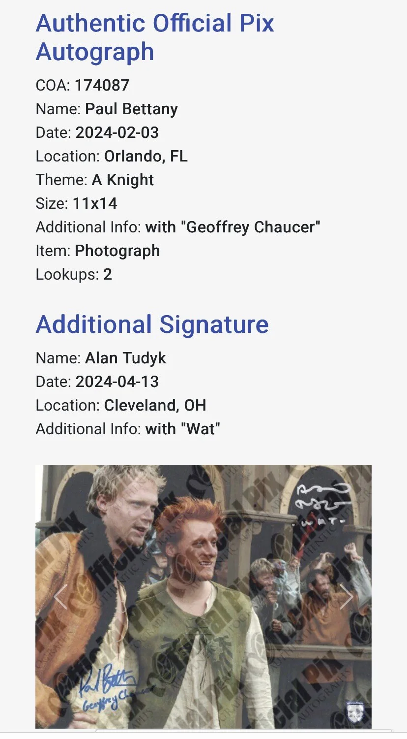 Paul Bettany, Alan Tudyk — A Knight's Tale - Paul Bettany & Alan Tudyk Signed/Inscribed 11x14 OPX Photo, изображение 3