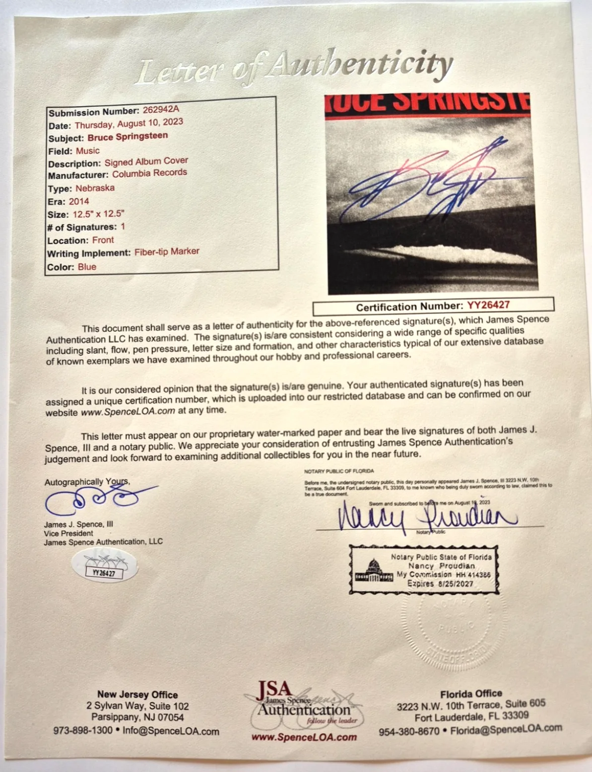 BRUCE SPRINGSTEEN SIGNED AUTOGRAPHED NEBRASKA ALBUM VINYL RECORD RARE JSA LOA, изображение 4