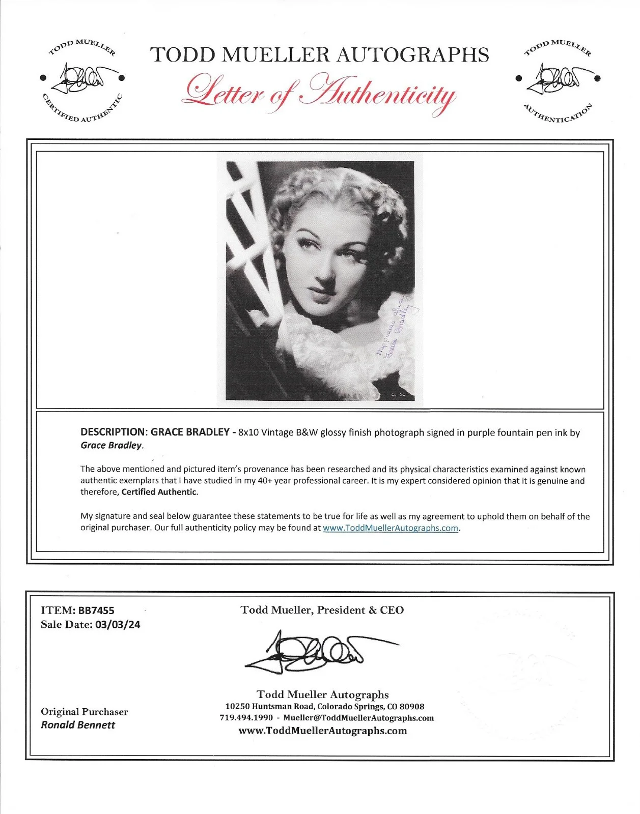 Grace Bradley — Grace Bradley Signed Vintage 8X10 photo 1913-2010 LOA / COA, image 2