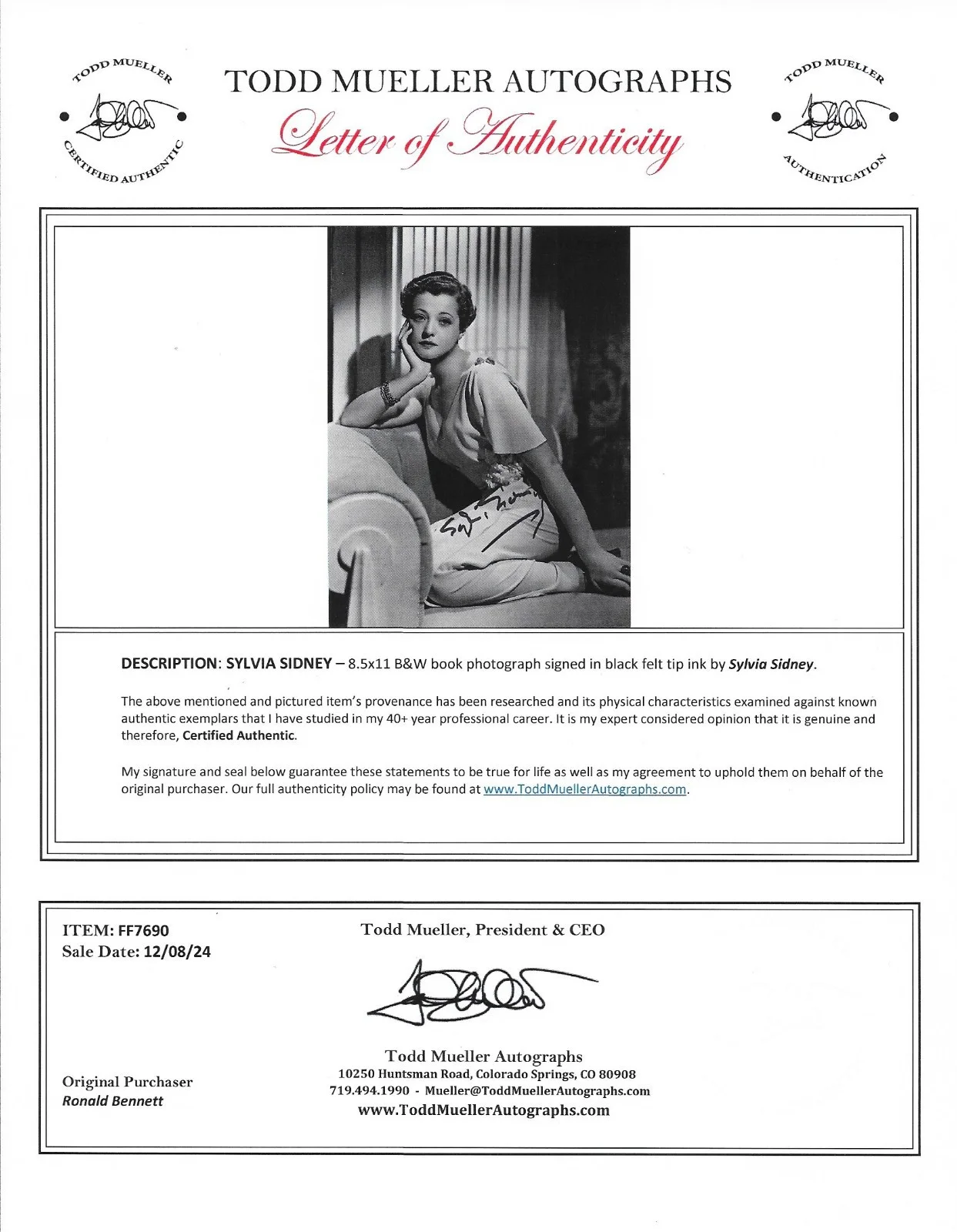 Sylvia Sidney — Sylvia Sidney Signed B&W Book Photo 8.5X11 1910-1999 LOA / COA, изображение 2