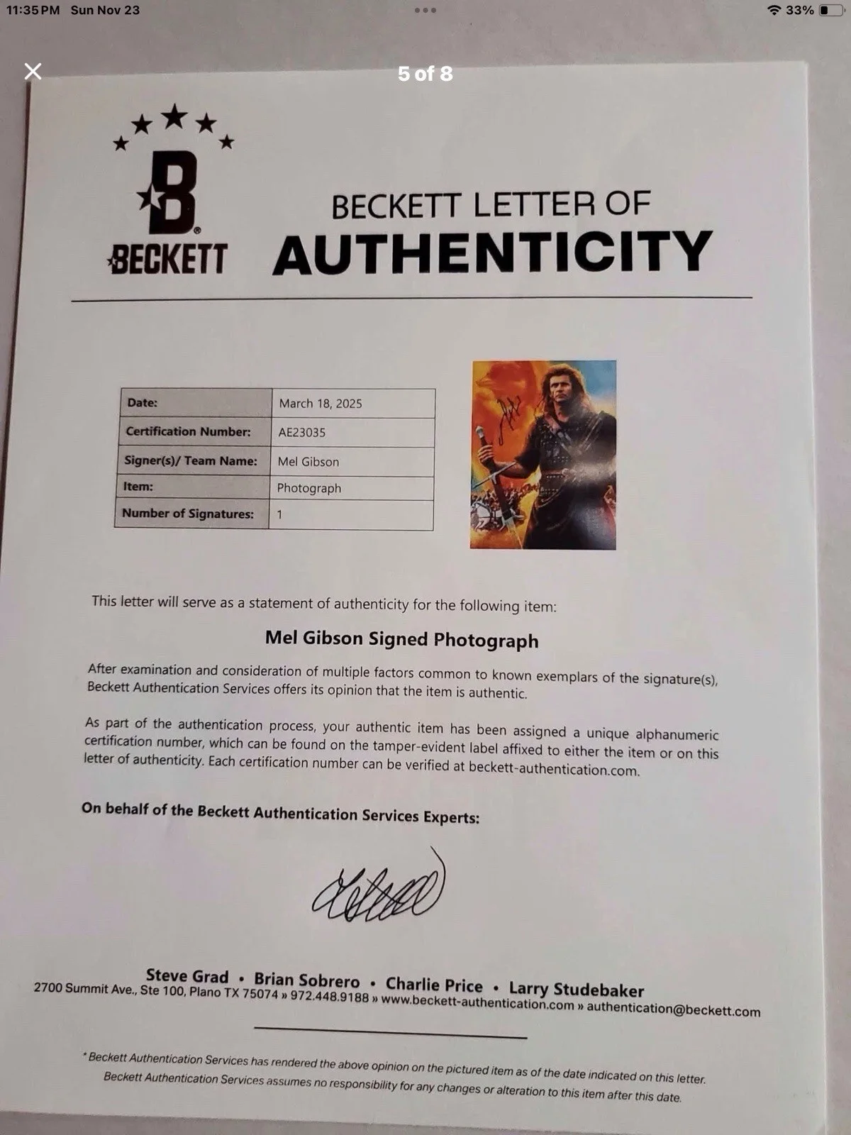 Mel Gibson Signed Braveheart Photo Beckett Full Letter, image 5