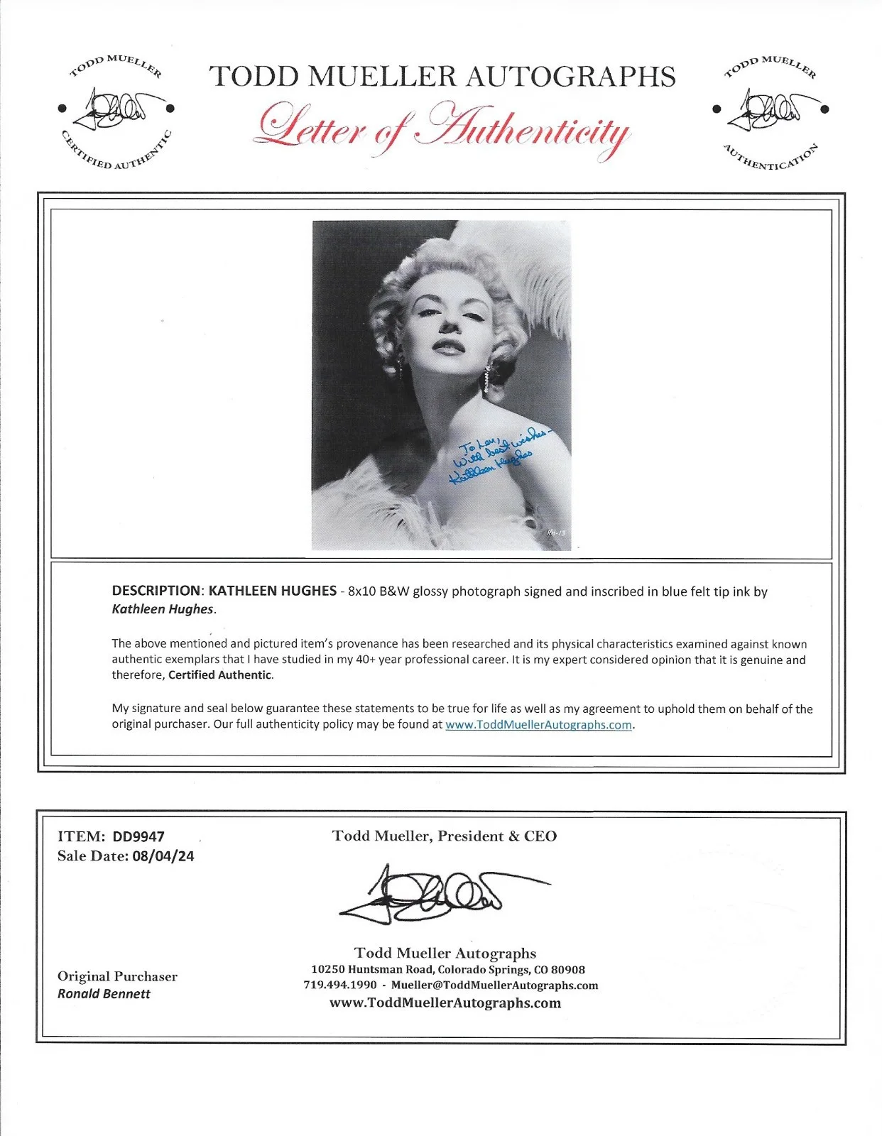 Kathleen Hughes — Kathleen Hughes signed B&W Photo 1928 - 2025 LOA / COA, image 2