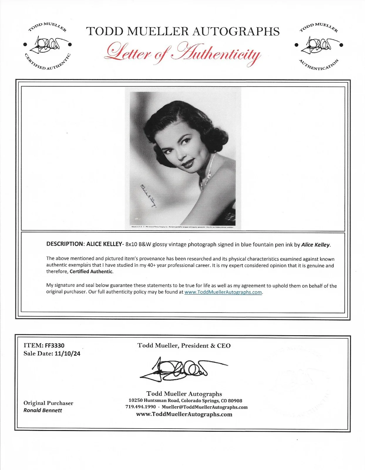 Alice Kelley — Alice Kelley Signed Vintage B&W Photo 1932 - 2012 LOA / COA, image 2