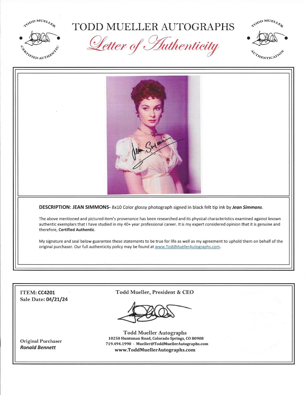 Jean Simmons — Jean Simmons Signed 8X10 1929 - 2010 LOA / COA, image 2