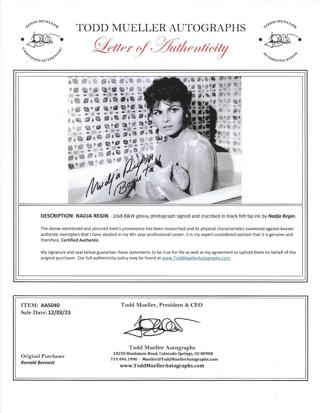 Nadja Regin — Nadja Regin Signed 7X9.5 B&W Photo LOA /COA Bond Girl 1931 - 2019, изображение 2