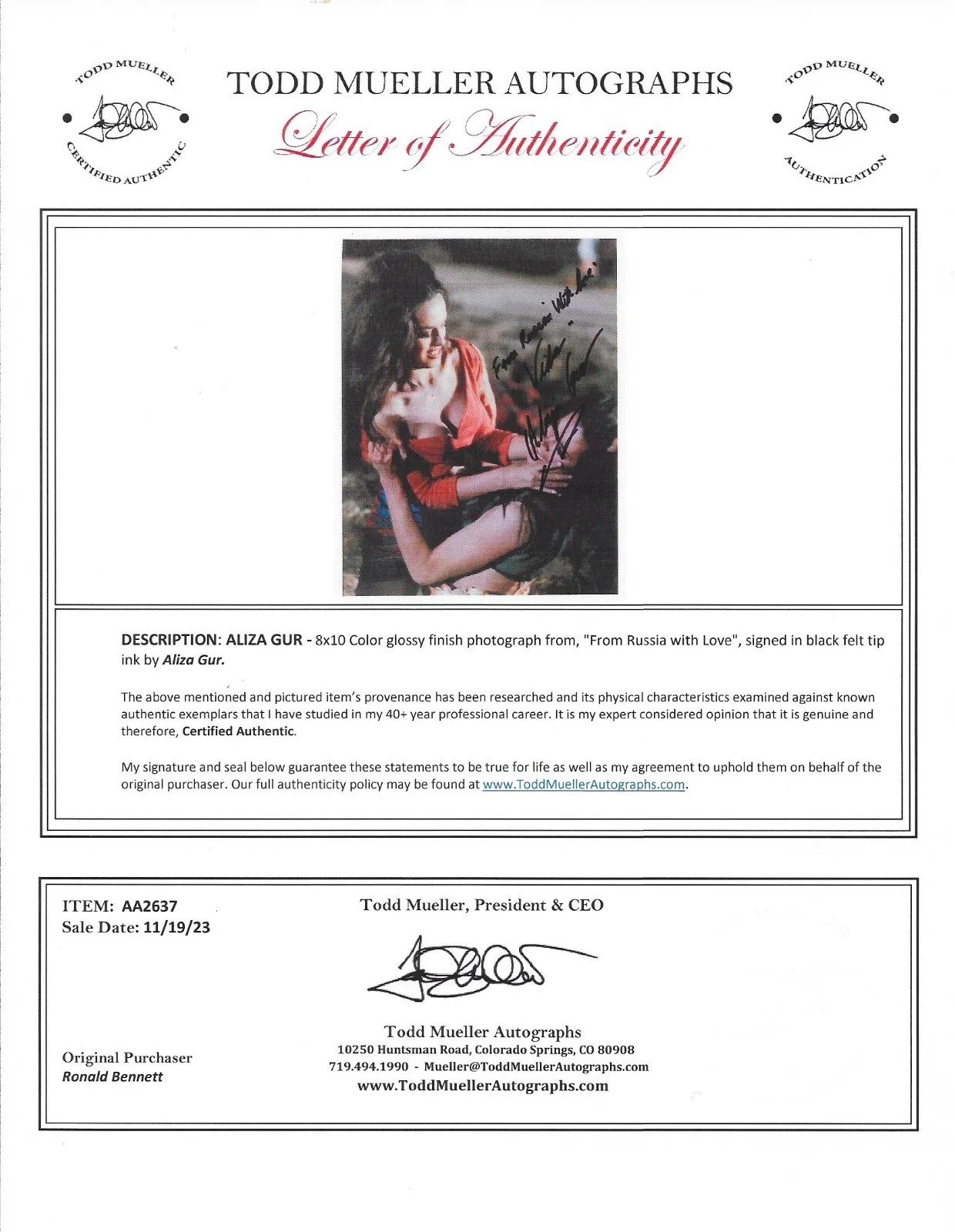 Aliza Gur — Aliza Gur Signed 8X10 Color From Russia With Love LOA / COA, изображение 2