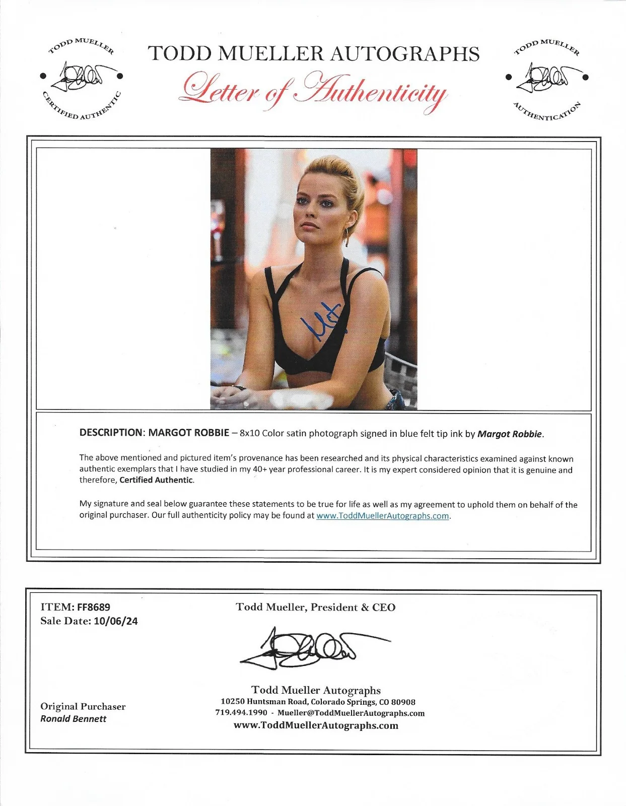 Margot Robbie — Margot Robbie signed Signed 8X10 Satin Color photo Beautiful LOA / COA, image 2