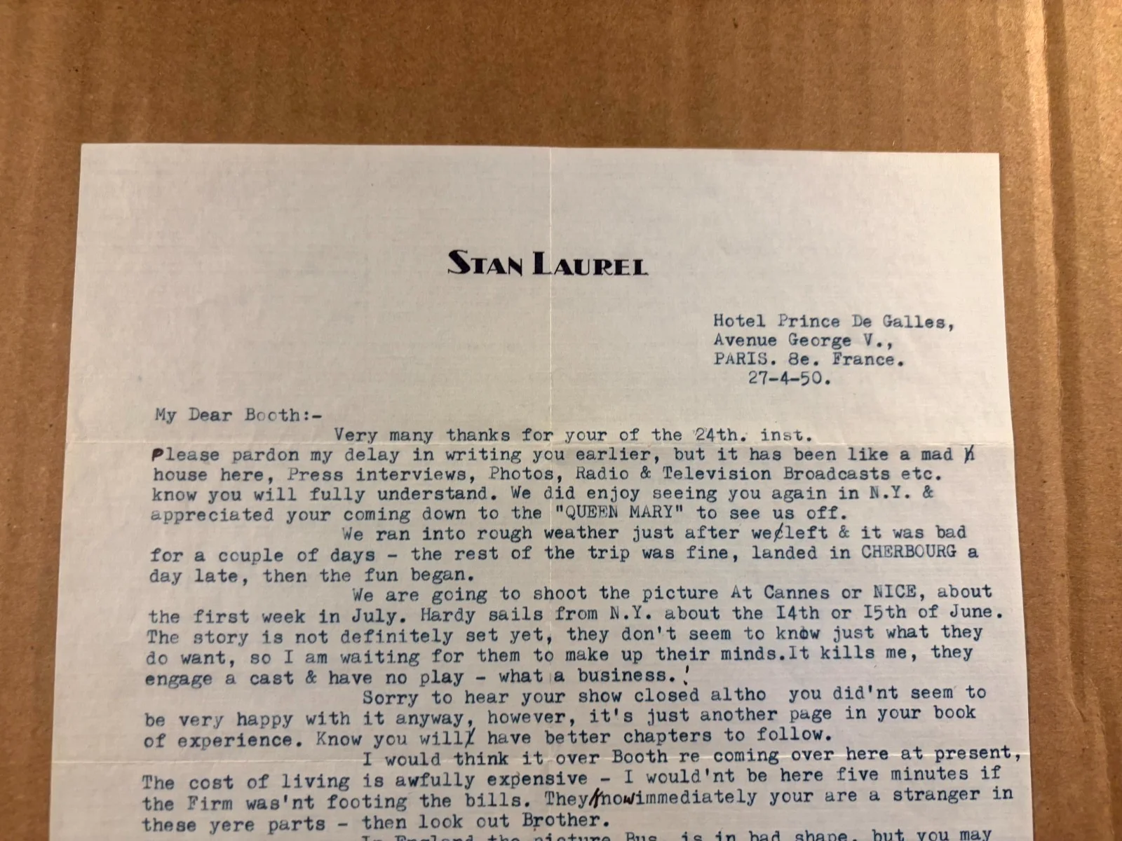 Rare Stan Laurel Autographed Letter '50 Great Content Last Movie, US Sendoff UK, изображение 2