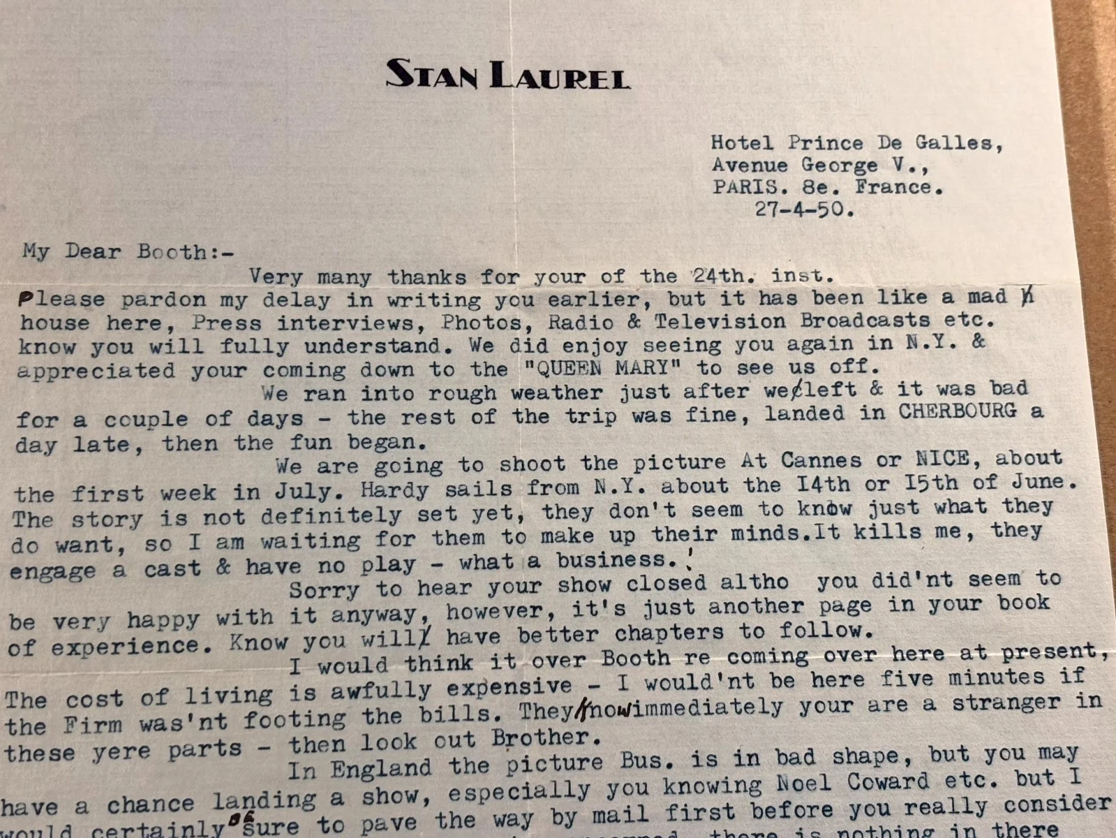 Rare Stan Laurel Autographed Letter '50 Great Content Last Movie, US Sendoff UK, изображение 5