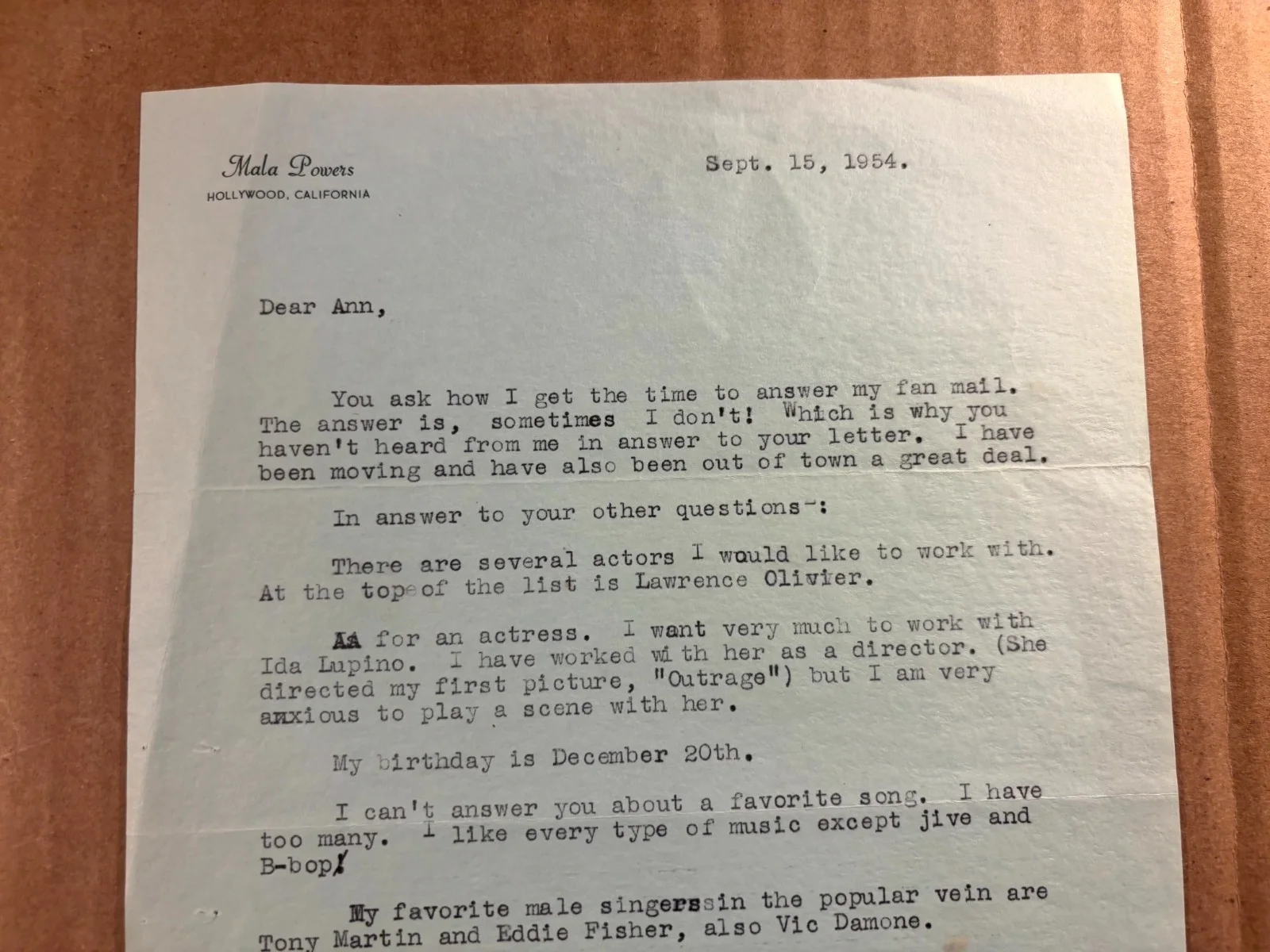 Mala Powers Very Rare Very Early Autographed Letter '54 Great Content Outrage, image 2