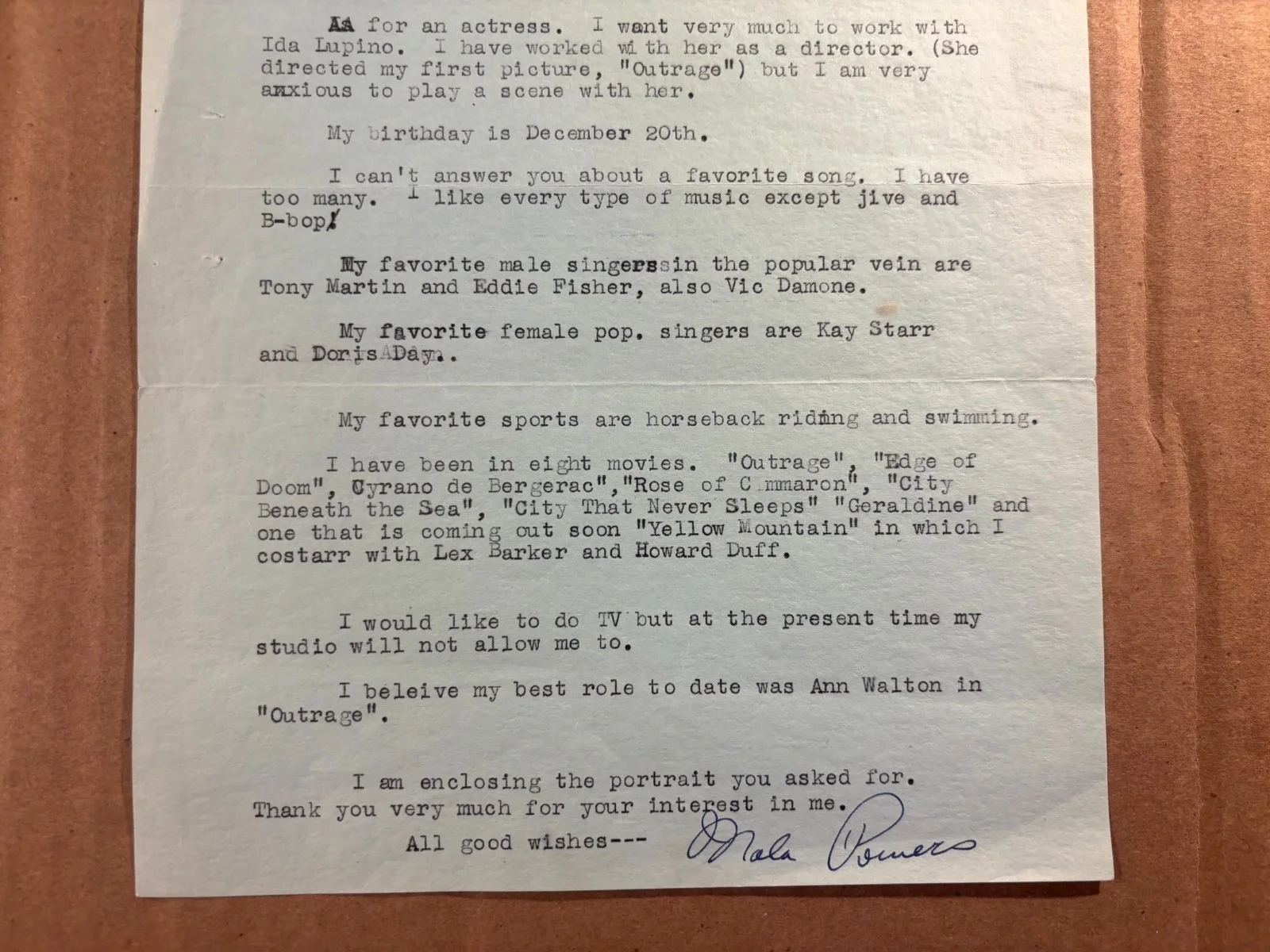 Mala Powers Very Rare Very Early Autographed Letter '54 Great Content Outrage, image 3