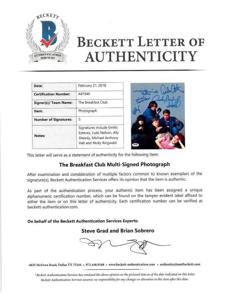 Breakfast Club Hall Estevez +3 autographed 11x14 Picture signed PSA/DNA and BAS, image 2
