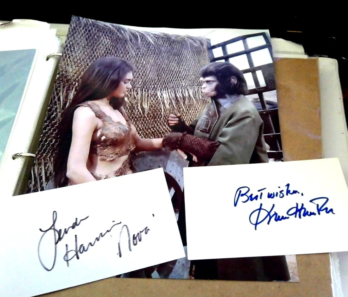 Kim Hunter + Linda Harrison — Kim Hunter + Linda Harrison signed index cards Planet of the Apes + Bonus Photo