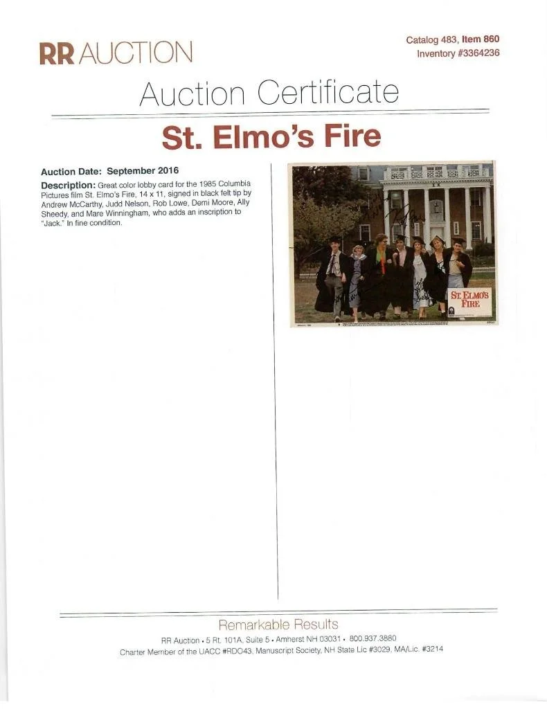 St. Elmo's Fire Cast (6) Lowe +5 autograph 11x14 Lobby Card signed Photo PSA/DNA, изображение 3