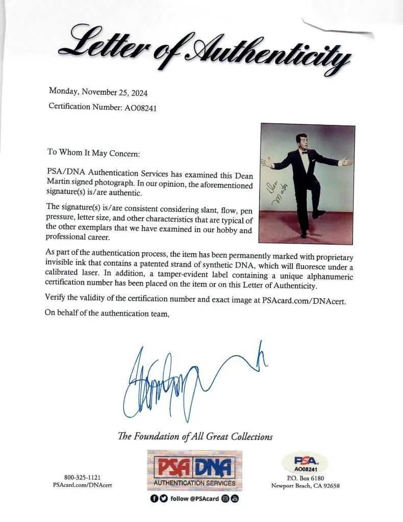 Dean Martin autographed 11x14 Picture signed Photo PSA/DNA, изображение 2