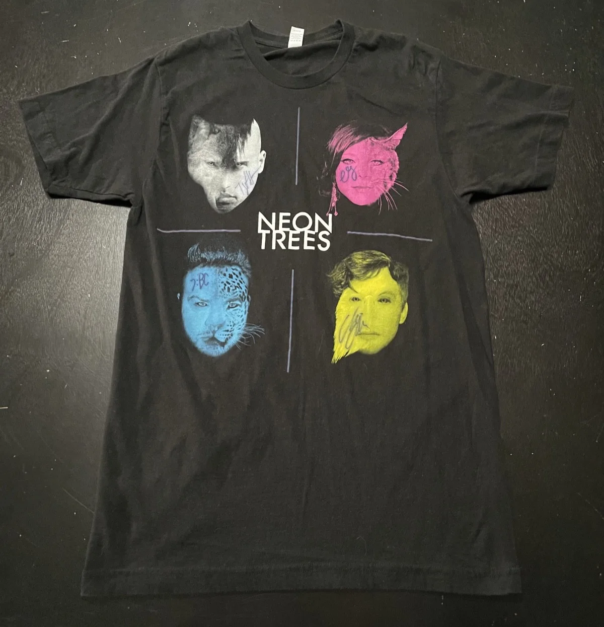 Neon Trees Band Tee Black w/ Band Member Portraits + Signatures, Black, Size: M, image 2